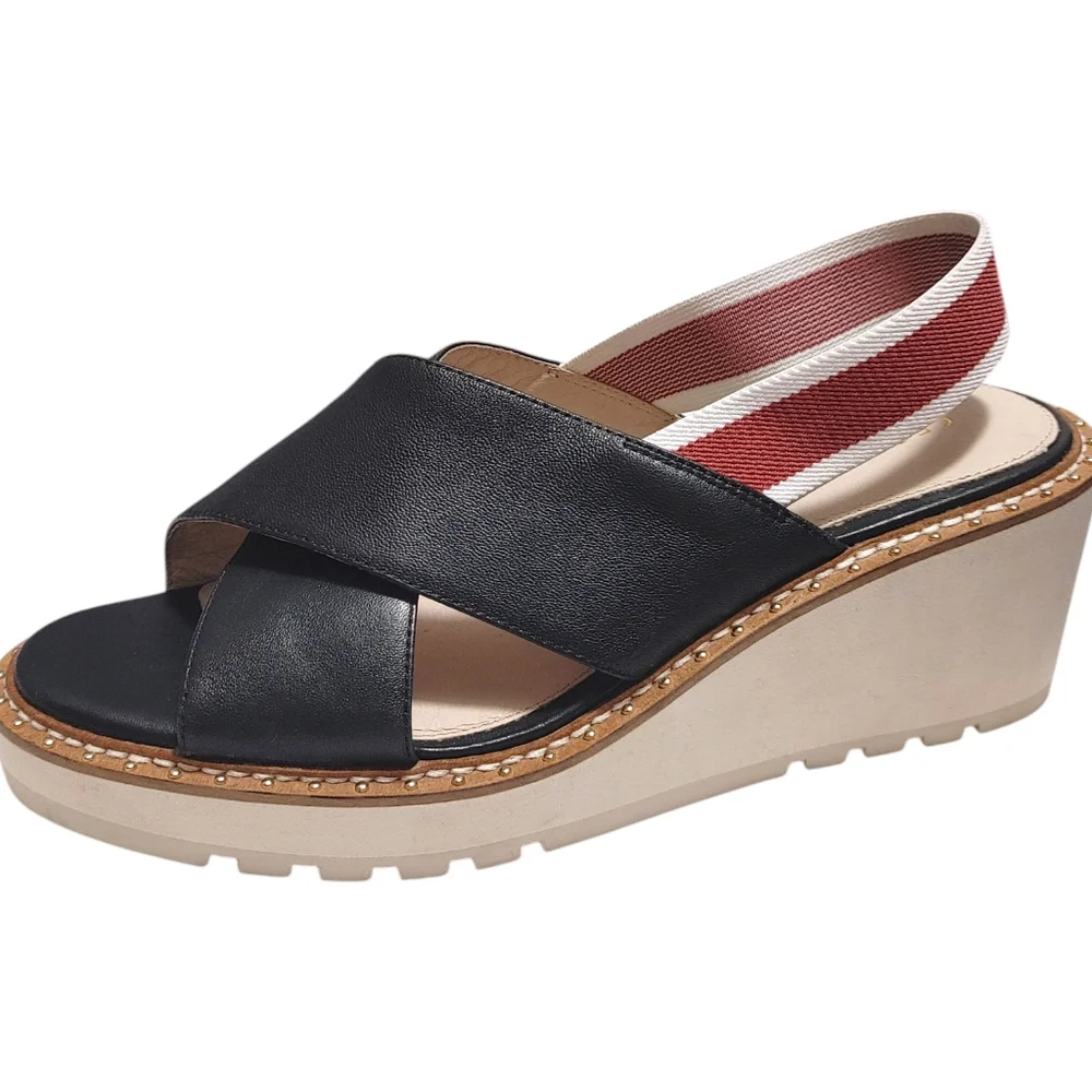 Cecilia New York Black Leather Strappy Stretch Wedge Heels Women's Size 9.5